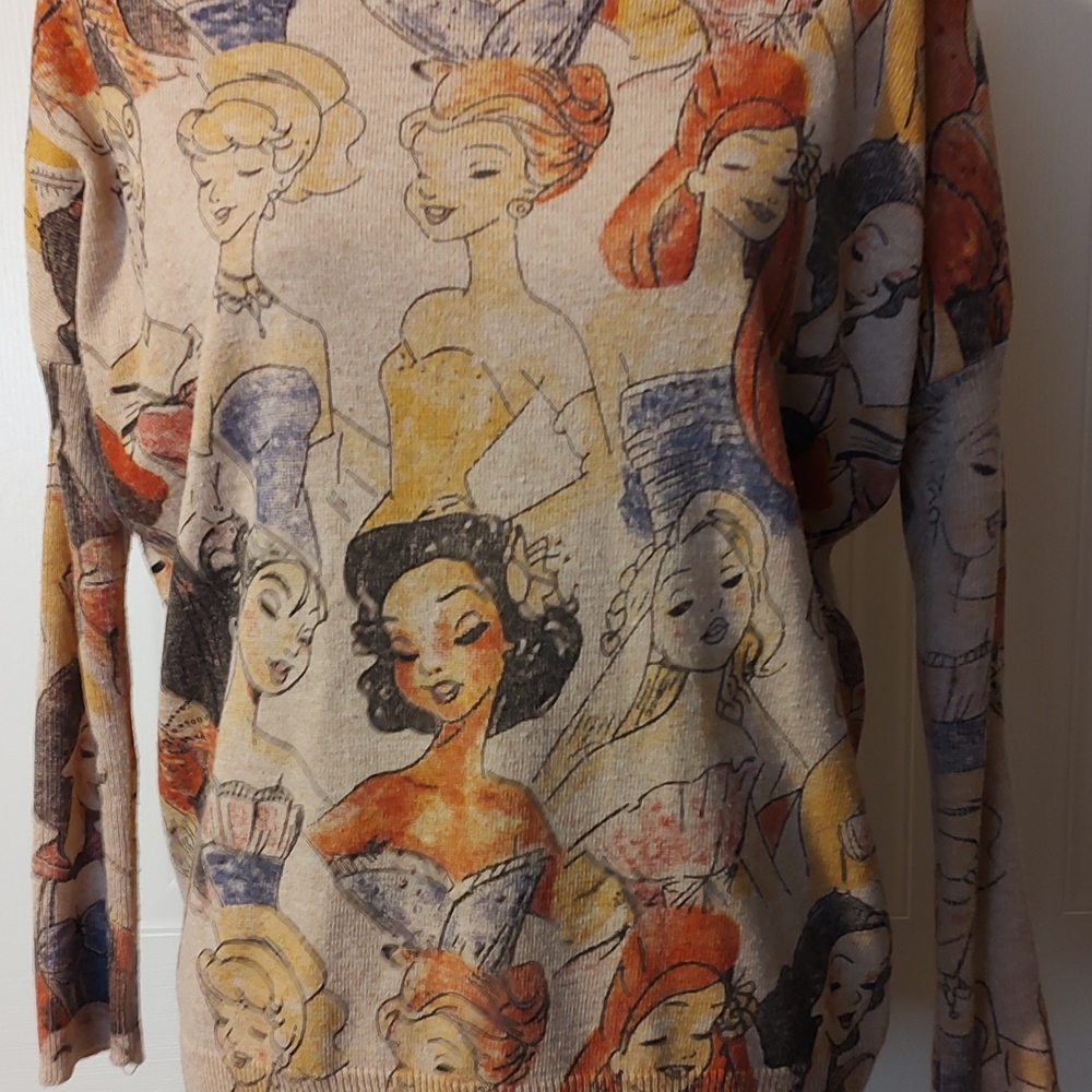 RAVI FAMOUS London Lt Brown Vtg Pin-Up Girls Sweater Top OS Fits Med Large